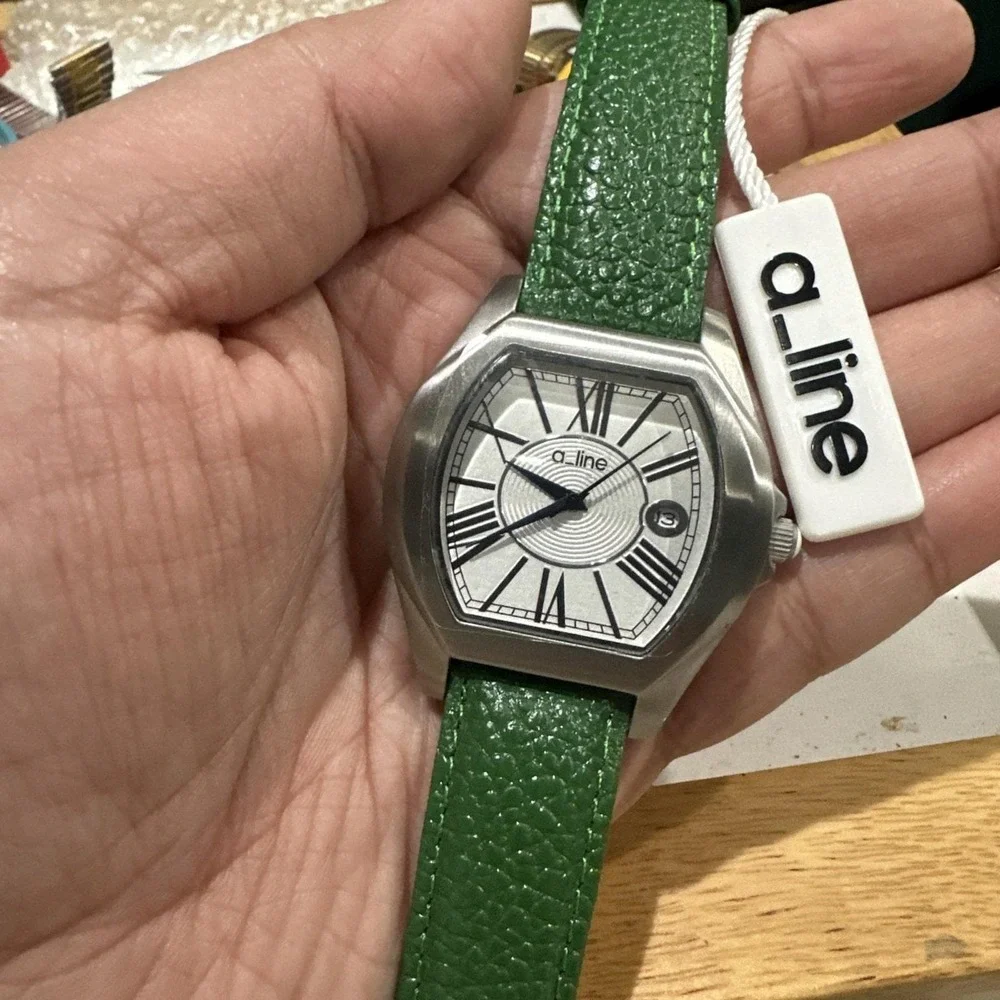 Works A Line Womens Watch Green Leather Strap Silver Tone 42mm Fit 8 -Never Worn